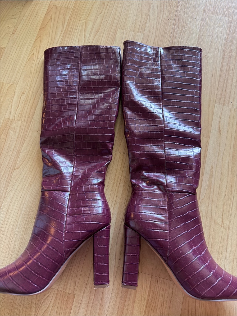 Lulu's Wine Croc-Embossed Knee-High Heeled Boots